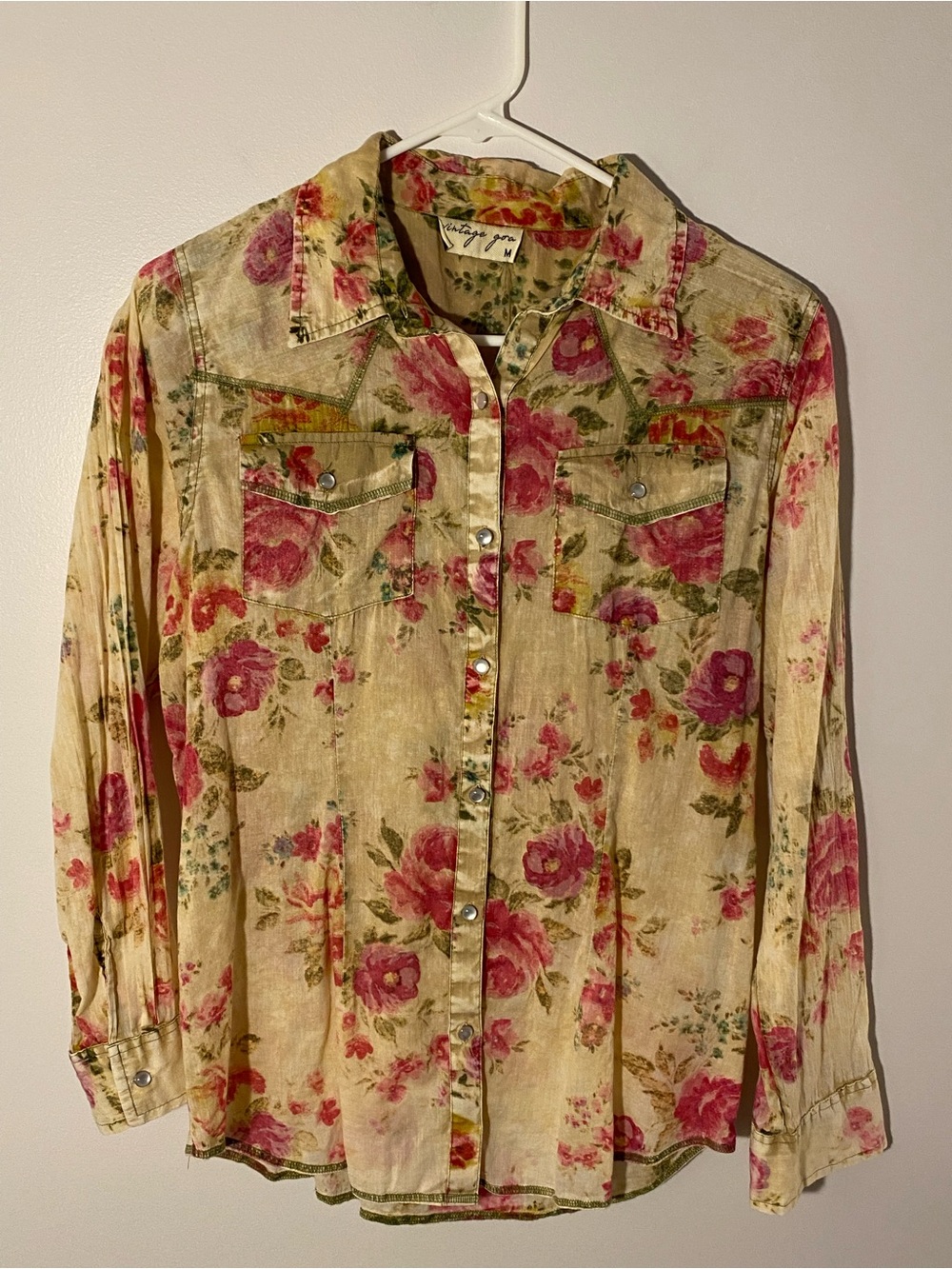 Vintage Goa Floral Shirt Long Sleeve Pearl Button Front Women’s M Pink Rose